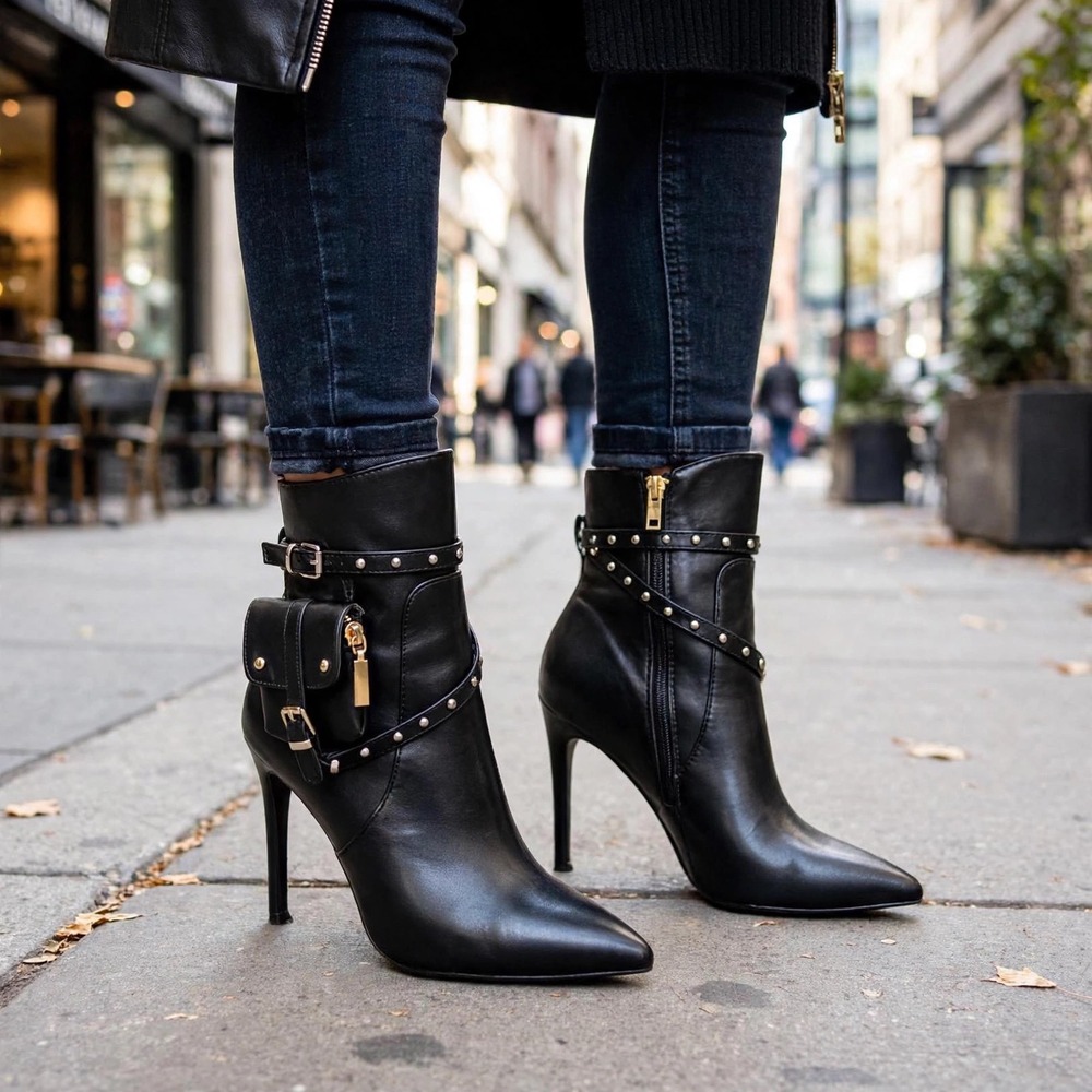 Bella Marie Black Faux Leather Pointed Toe Stiletto Boots With Pockets Size 8